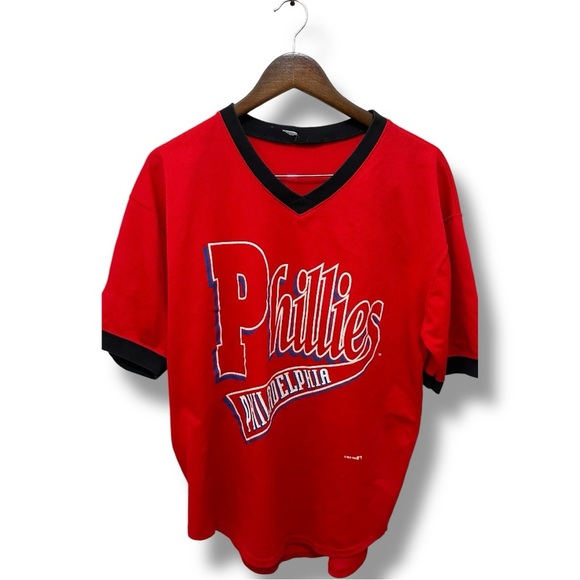 248 MLB | EUC Vintage Philadelphia Phillies Red V-Neck Jersey Tee 1993 (Sz L) - Picture 2 of 12
